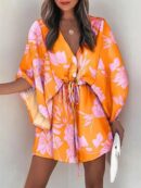 Vestido Boho con Escote en V, Mangas Murciélago y Cinturón