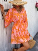 Vestido Boho con Escote en V, Mangas Murciélago y Cinturón