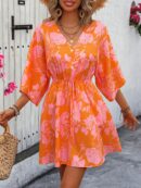 Vestido Boho con Escote en V, Mangas Murciélago y Cinturón
