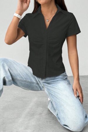 Camisa Casual de Color Sólido con Mangas Cortas