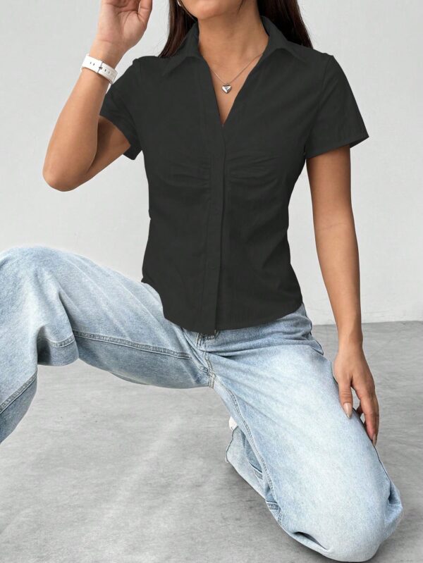 Camisa Casual de Color Sólido con Mangas Cortas
