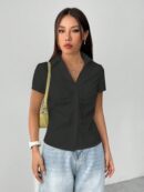 Camisa Casual de Color Sólido con Mangas Cortas