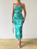 Vestido Strapless Tie Dye con Abertura Lateral y Ruched