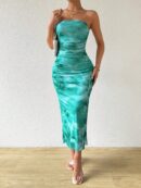 Vestido Strapless Tie Dye con Abertura Lateral y Ruched