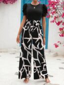 Mono Estampado Floral de Pierna Ancha y Manga Puff