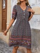 Vestido Casual con Estampado Floral y Botones, Ideal para Vacaciones en la Playa
