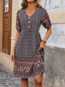 Vestido Casual con Estampado Floral y Botones, Ideal para Vacaciones en la Playa