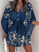 Vestido Boho con Escote en V, Mangas Murciélago y Cinturón