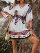 Vestido Boho con Escote en V, Mangas Murciélago y Cinturón