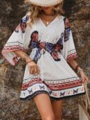 Vestido Boho con Escote en V, Mangas Murciélago y Cinturón