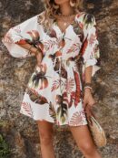 Vestido Boho con Escote en V, Mangas Murciélago y Cinturón