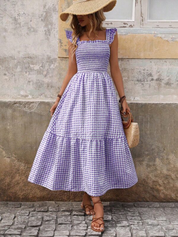 Vestido Cuadriculado Manga Corta para Vacaciones en Playa - Image 11