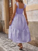 Vestido Cuadriculado Manga Corta para Vacaciones en Playa