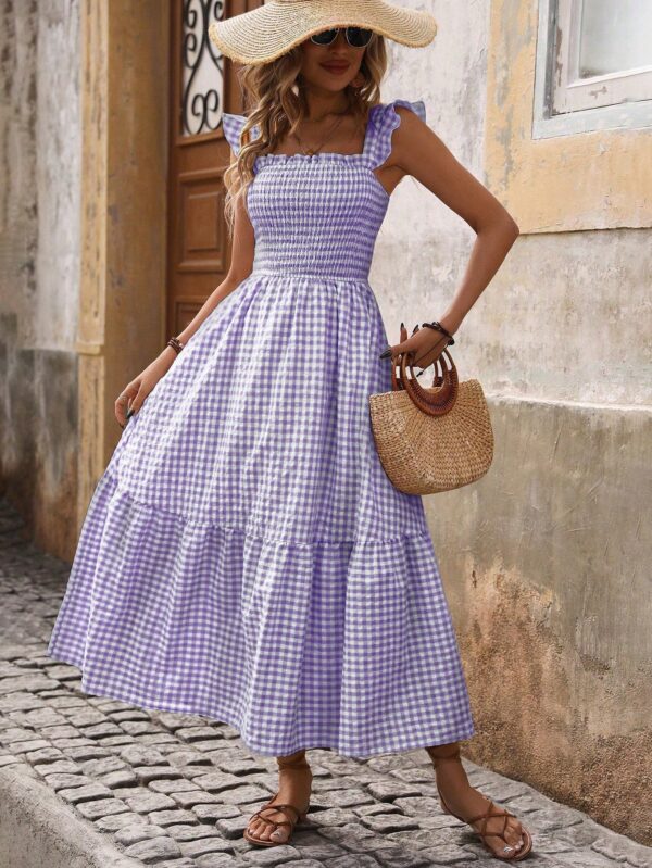 Vestido Cuadriculado Manga Corta para Vacaciones en Playa - Image 13