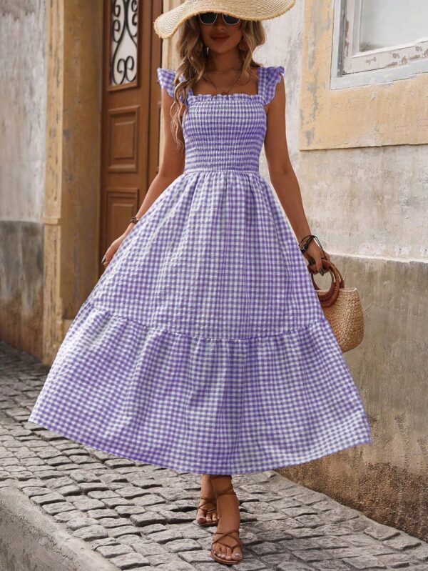 Vestido Cuadriculado Manga Corta para Vacaciones en Playa - Image 14