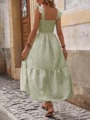 Vestido Cuadriculado Manga Corta para Vacaciones en Playa