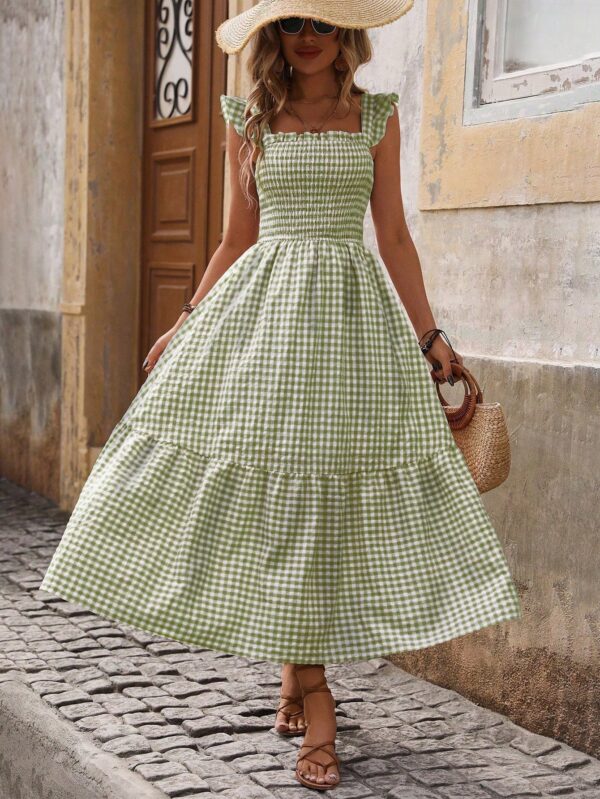Vestido Cuadriculado Manga Corta para Vacaciones en Playa - Image 3