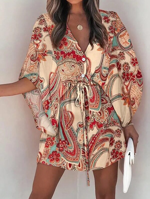 Vestido Boho con Escote en V, Mangas Murciélago y Cinturón - Image 44
