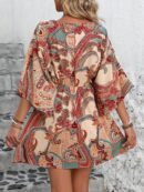 Vestido Boho con Escote en V, Mangas Murciélago y Cinturón