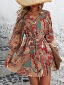 Vestido Boho con Escote en V, Mangas Murciélago y Cinturón