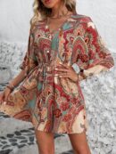 Vestido Boho con Escote en V, Mangas Murciélago y Cinturón