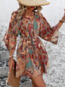 Vestido Boho con Escote en V, Mangas Murciélago y Cinturón