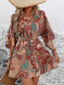 Vestido Boho con Escote en V, Mangas Murciélago y Cinturón