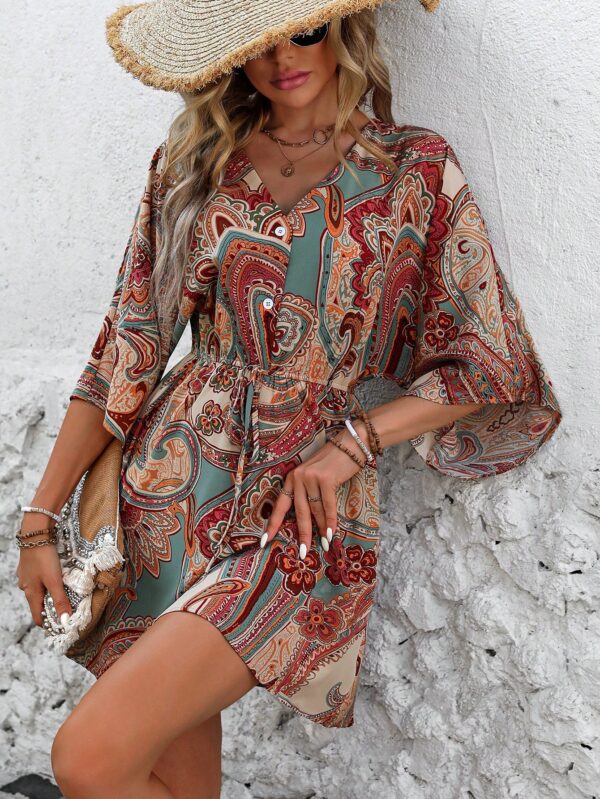 Vestido Boho con Escote en V, Mangas Murciélago y Cinturón - Image 51