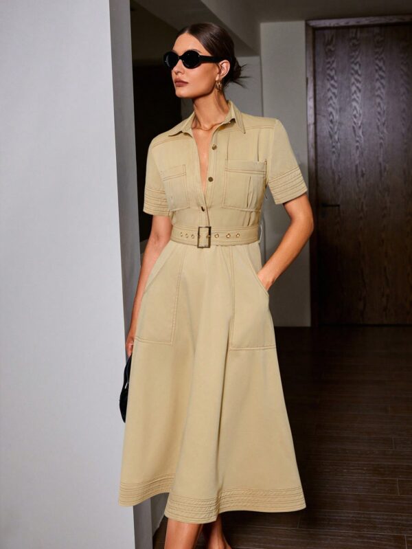 Vestido Camisero Casual Manga Corta con Cuello y Cinturón - Image 11