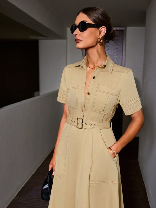 Vestido Camisero Casual Manga Corta con Cuello y Cinturón - Image 13