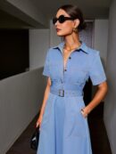 Vestido Camisero Casual Manga Corta con Cuello y Cinturón