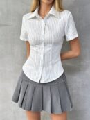 Camisa Rayada de Mujer con Botones y Manga Corta, Ajuste Slim