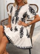 Vestido Bohemio Playa con Estampado Floral y Lazo en Escote