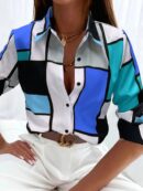 Camisa Casual Manga Larga con Estampado Colorblock y Botones