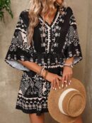 Vestido Boho con Escote en V, Mangas Murciélago y Cinturón