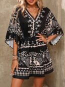 Vestido Boho con Escote en V, Mangas Murciélago y Cinturón