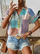 Camisa Casual de Cuello Solapa y Manga Corta con Estampado Geométrico