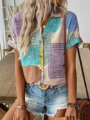 Camisa Casual de Cuello Solapa y Manga Corta con Estampado Geométrico