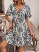 Vestido Bohemio Playa con Estampado Floral y Lazo en Escote