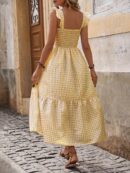 Vestido Cuadriculado Manga Corta para Vacaciones en Playa