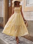 Vestido Cuadriculado Manga Corta para Vacaciones en Playa