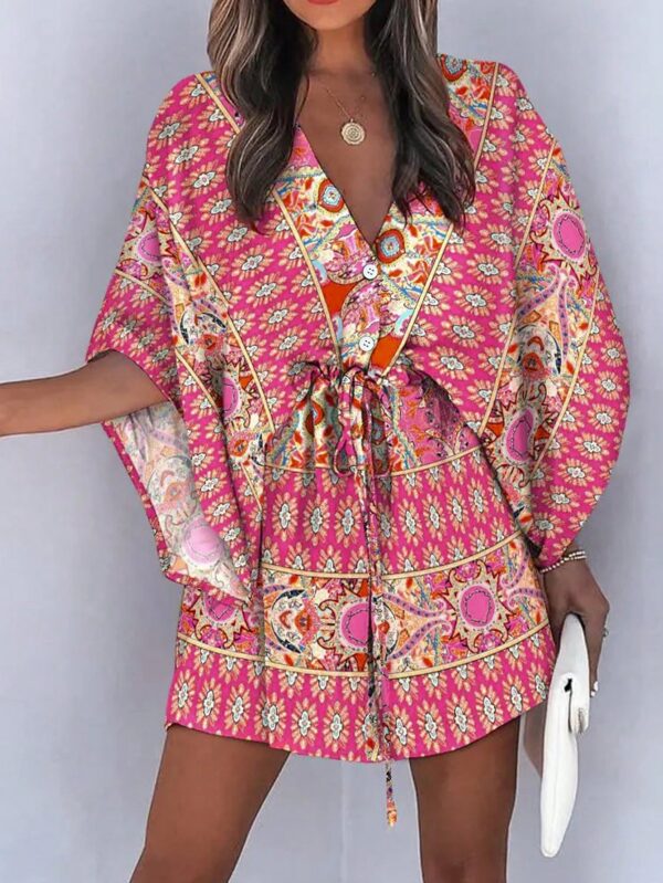 Vestido Boho con Escote en V, Mangas Murciélago y Cinturón - Image 29