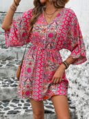 Vestido Boho con Escote en V, Mangas Murciélago y Cinturón