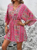 Vestido Boho con Escote en V, Mangas Murciélago y Cinturón