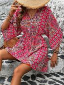 Vestido Boho con Escote en V, Mangas Murciélago y Cinturón