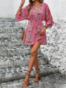 Vestido Boho con Escote en V, Mangas Murciélago y Cinturón