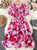 Vestido Maxi Estampado Floral con Cuello en V y Cintura Ajustable