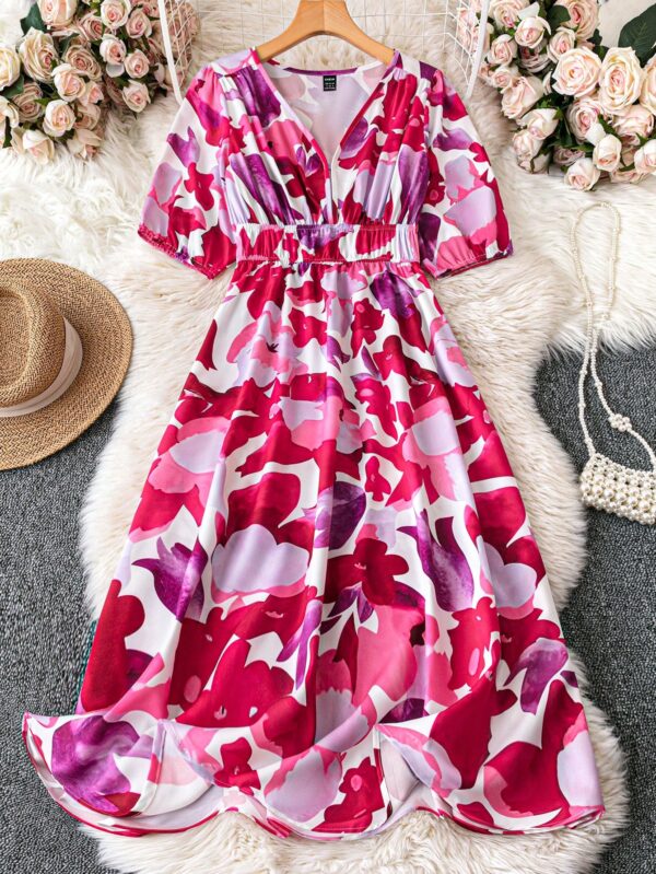 Vestido Maxi Estampado Floral con Cuello en V y Cintura Ajustable - Image 4