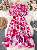 Vestido Maxi Estampado Floral con Cuello en V y Cintura Ajustable