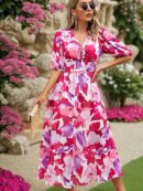 Vestido Maxi Estampado Floral con Cuello en V y Cintura Ajustable